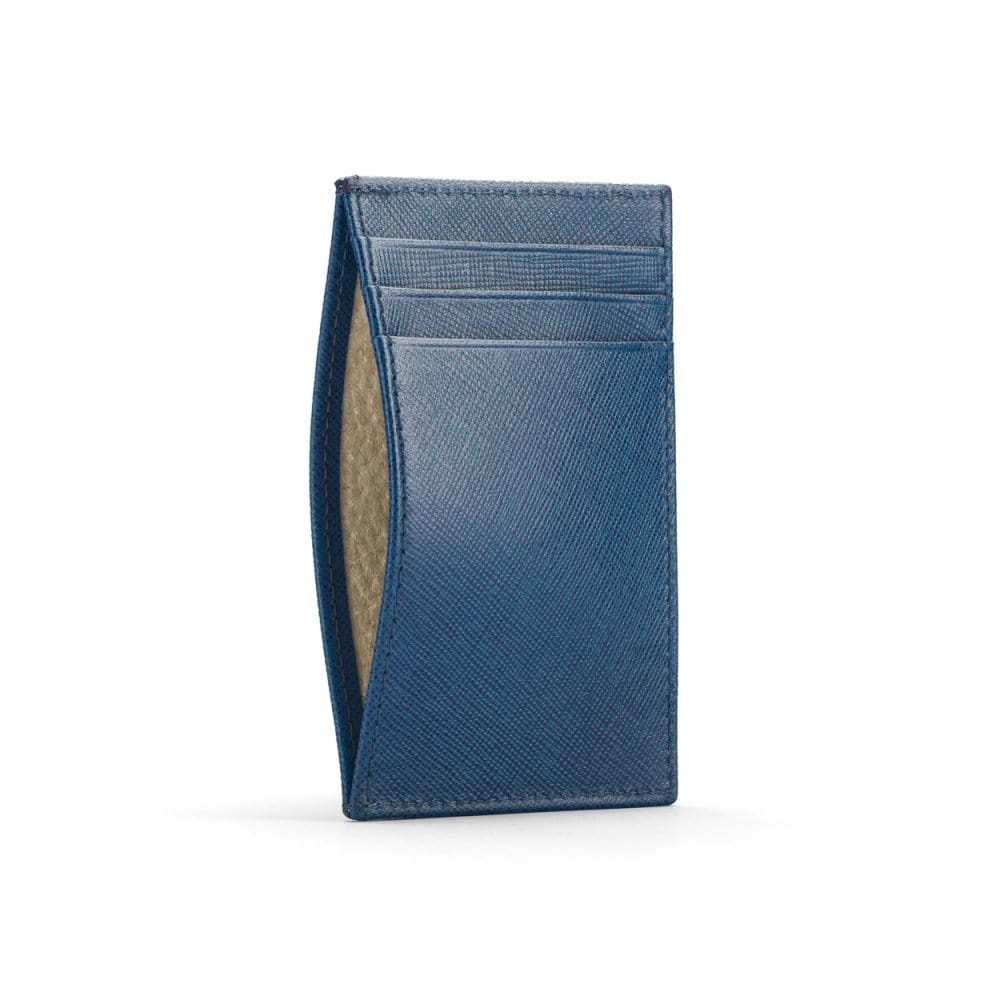 Flat leather credit card holder with middle pocket, 5 CC slots, cobalt saffiano, front