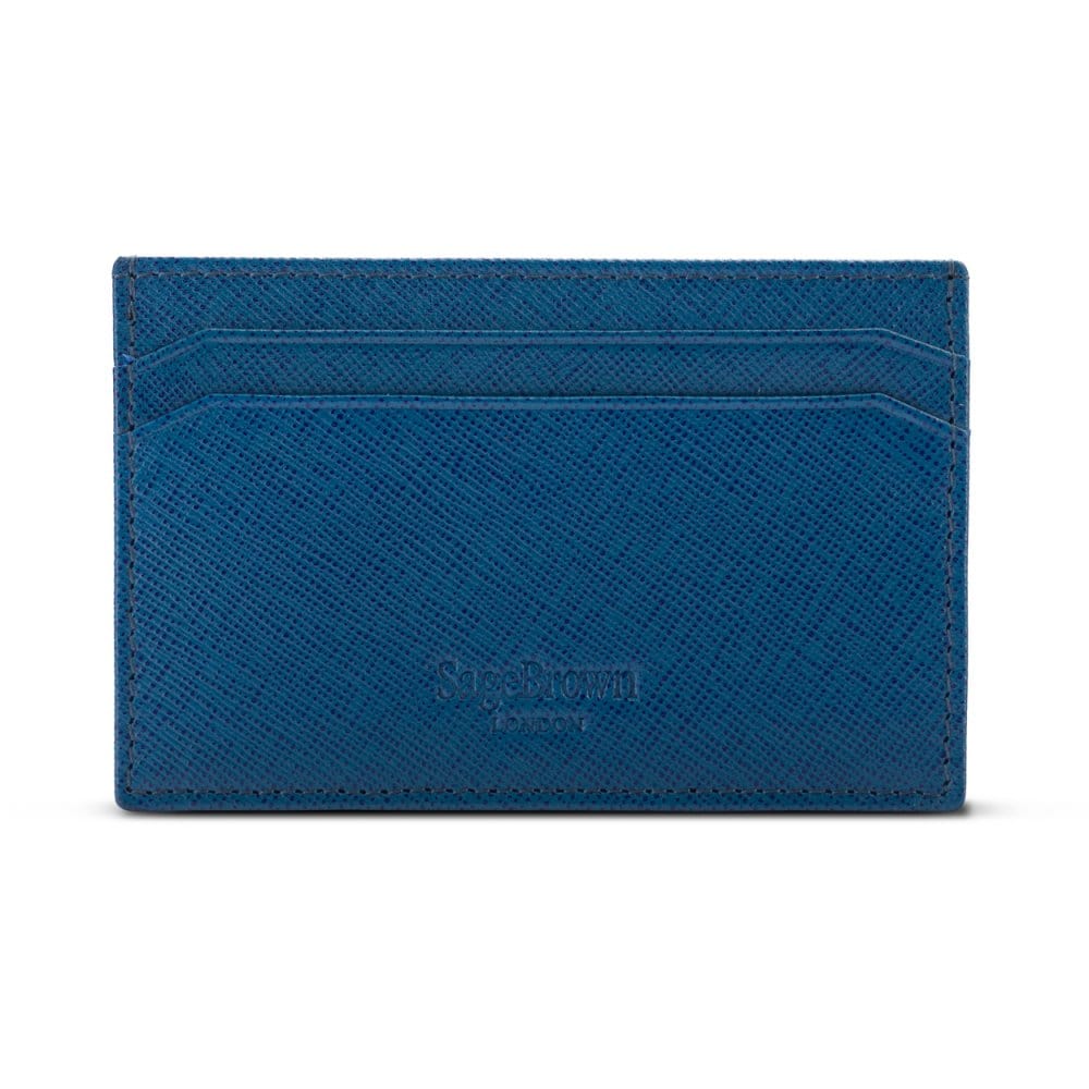 Flat leather credit card holder with middle pocket, 5 CC slots, cobalt saffiano, back