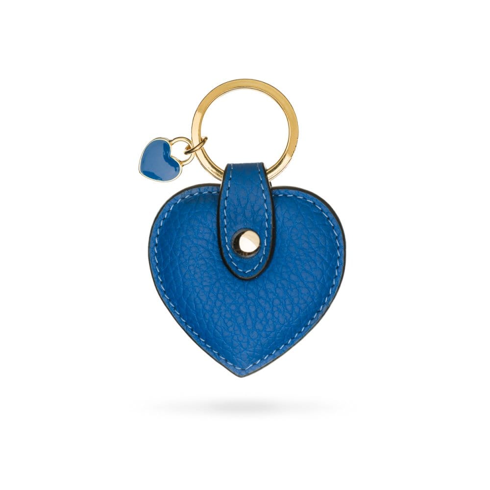 Leather heart shaped key ring, cobalt, front