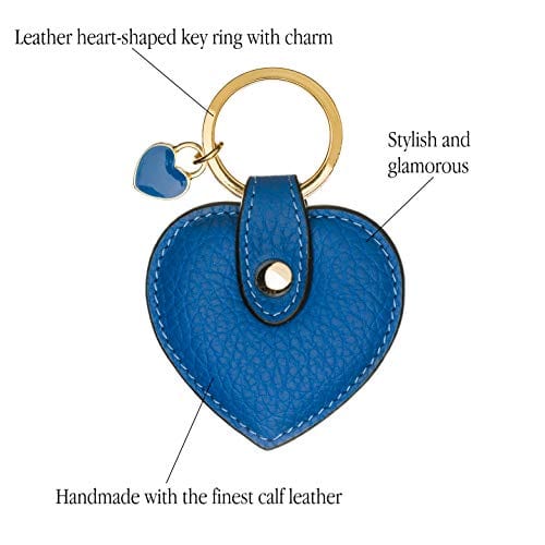 Leather heart shaped key ring, cobalt, features