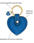 Leather heart shaped key ring, cobalt, features