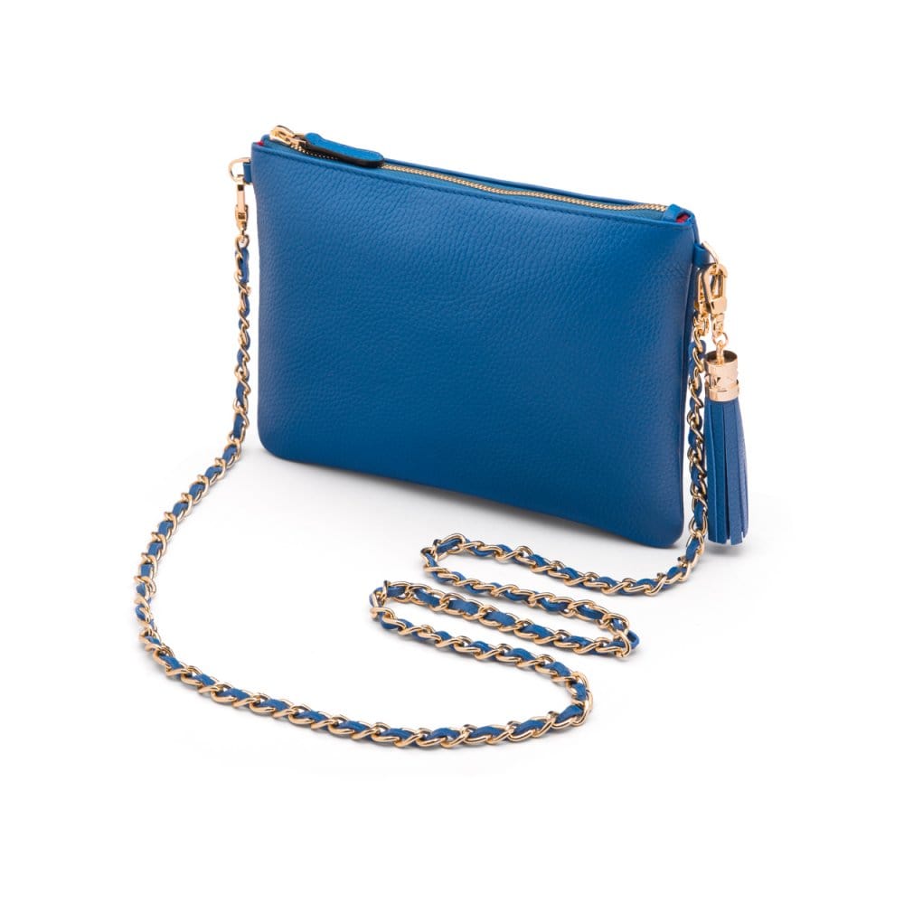 Leather cross body bag with chain strap, cobalt