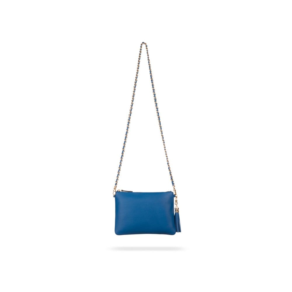 Leather cross body bag with chain strap, cobalt, front