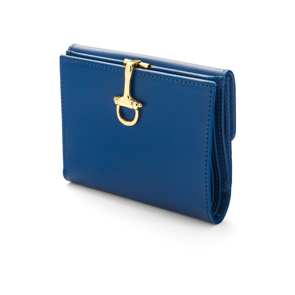 Leather purse with brass clasp, cobalt, front view