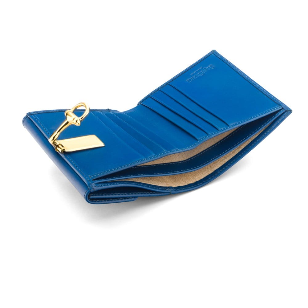 Leather purse with brass clasp, cobalt, inside