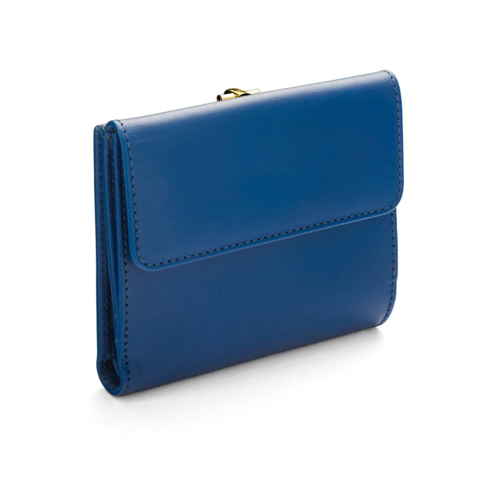 Leather purse with brass clasp, cobalt, back