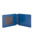 Leather travel card wallet, cobalt, open