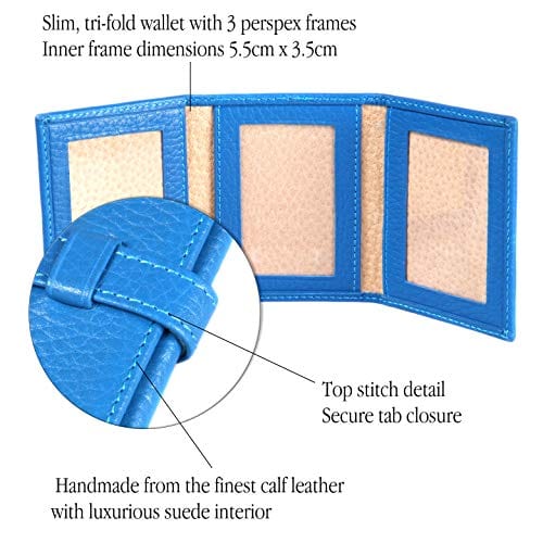 Mini leather trifold photo frame, cobalt, 60 x 40mm, features
