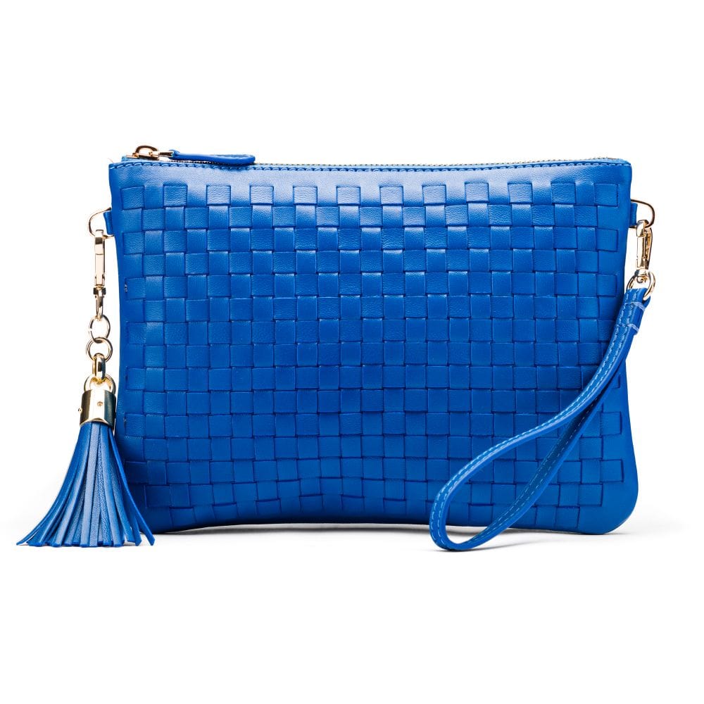 Leather woven cross body bag, cobalt, front view