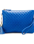 Leather woven cross body bag, cobalt, front view