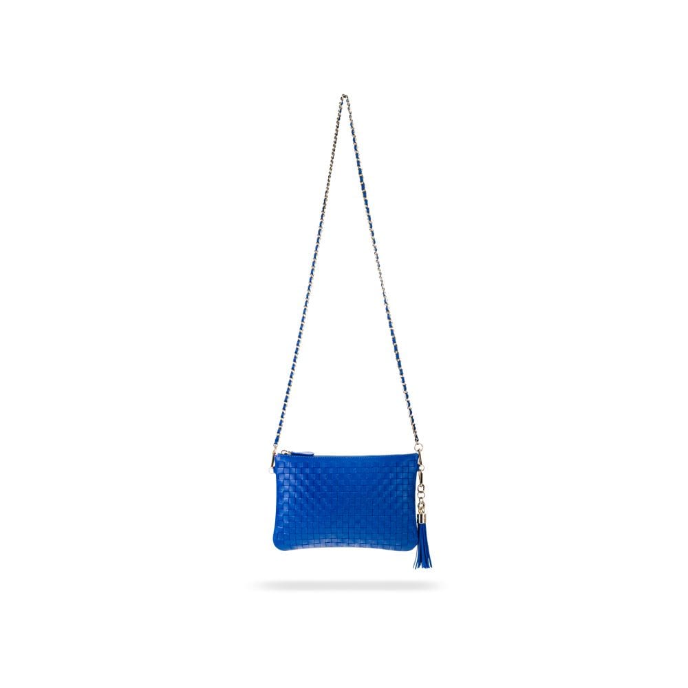 Leather woven cross body bag, cobalt, with long strap