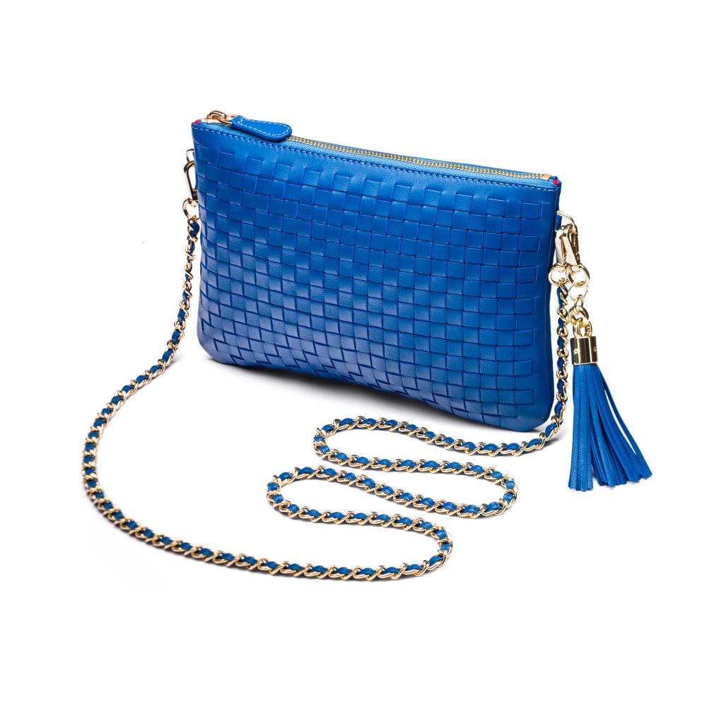 Leather woven cross body bag, cobalt, with chain strap