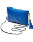 Leather woven cross body bag, cobalt, with chain strap