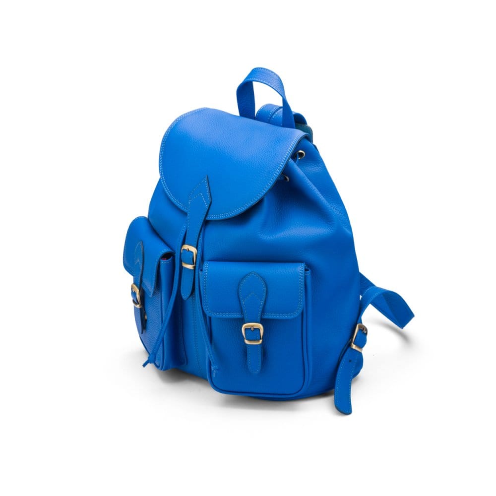 Leather backpack with pockets, cobalt, side view