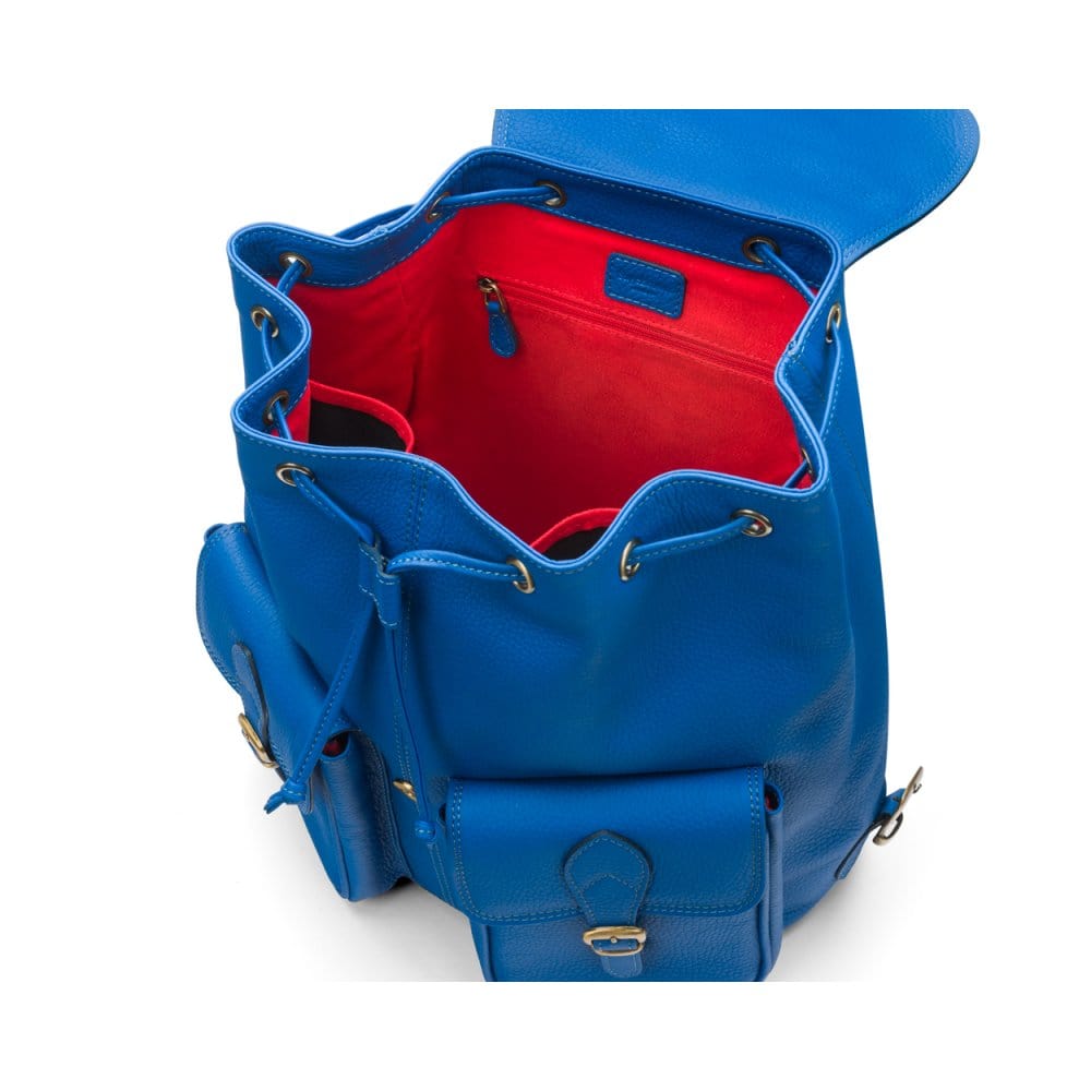 Leather backpack with pockets, cobalt, inside