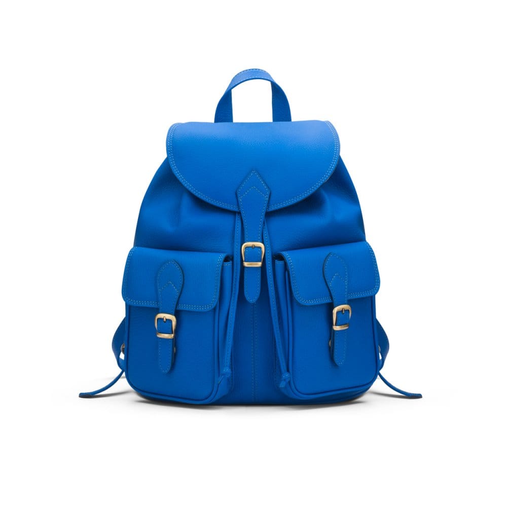 Leather backpack with pockets, cobalt, front
