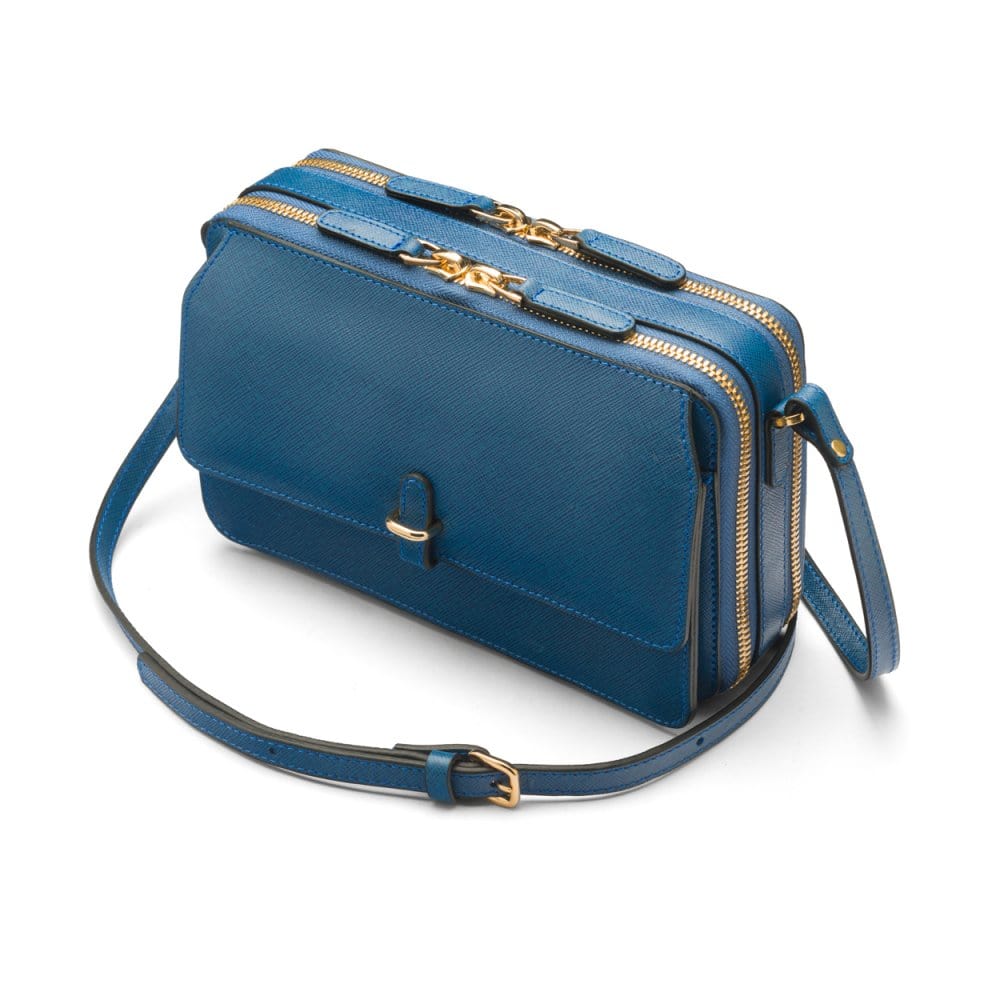 Compact crossbody bag, cobalt saffiano, side