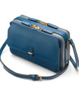 Compact crossbody bag, cobalt saffiano, side