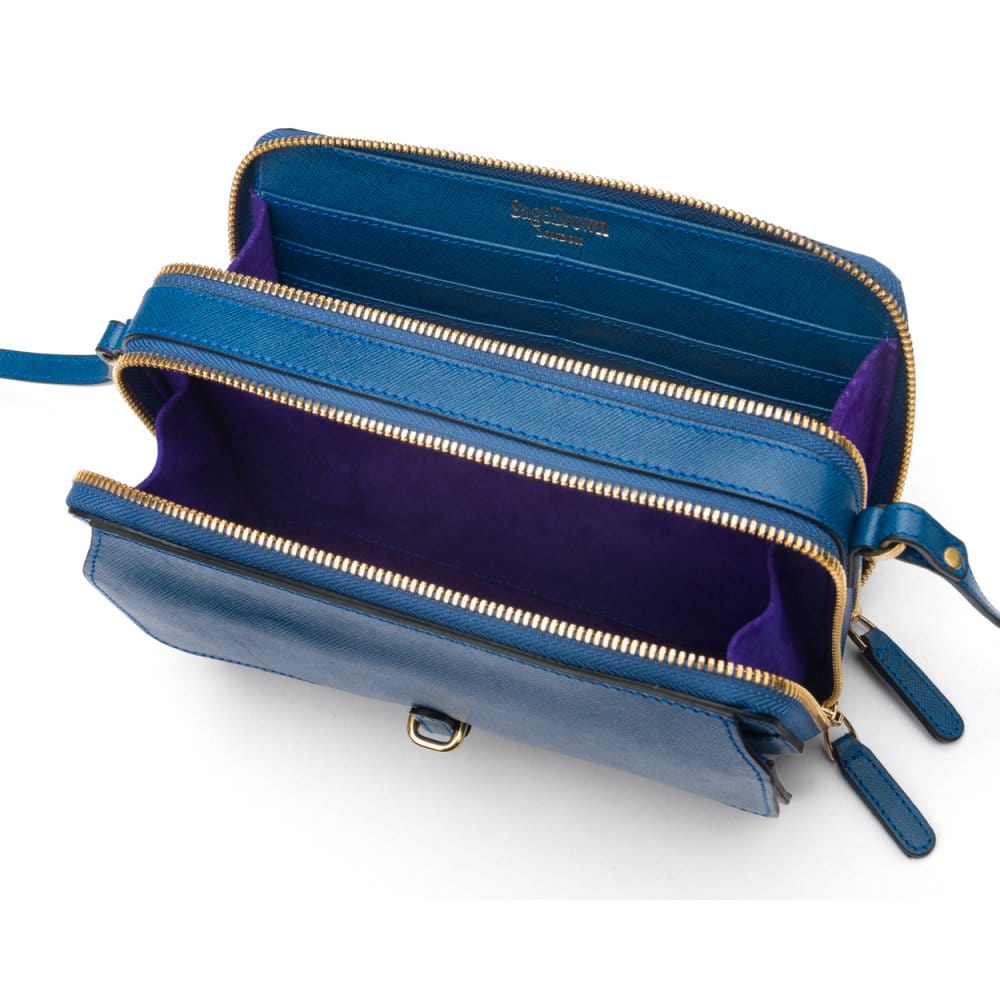 Compact crossbody bag, cobalt saffiano, inside