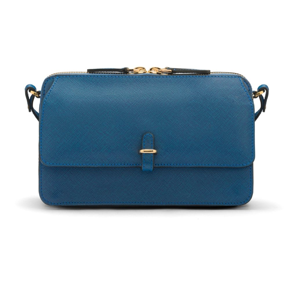 Compact crossbody bag, cobalt saffiano, front