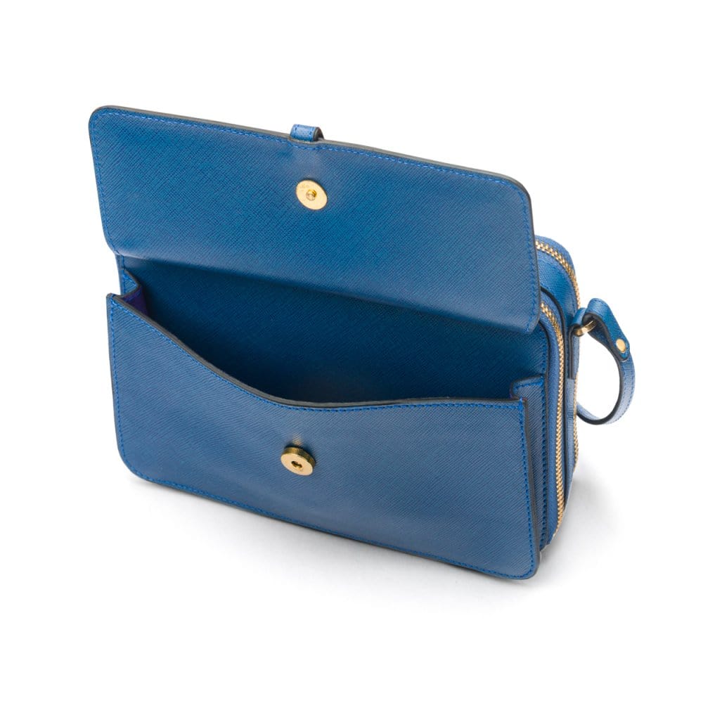 Compact crossbody bag, cobalt saffiano, front pocket