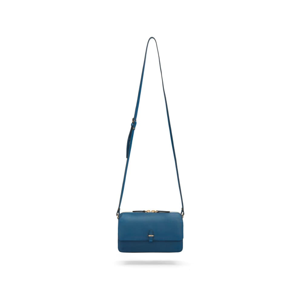 Compact crossbody bag, cobalt saffiano, with shoulder strap