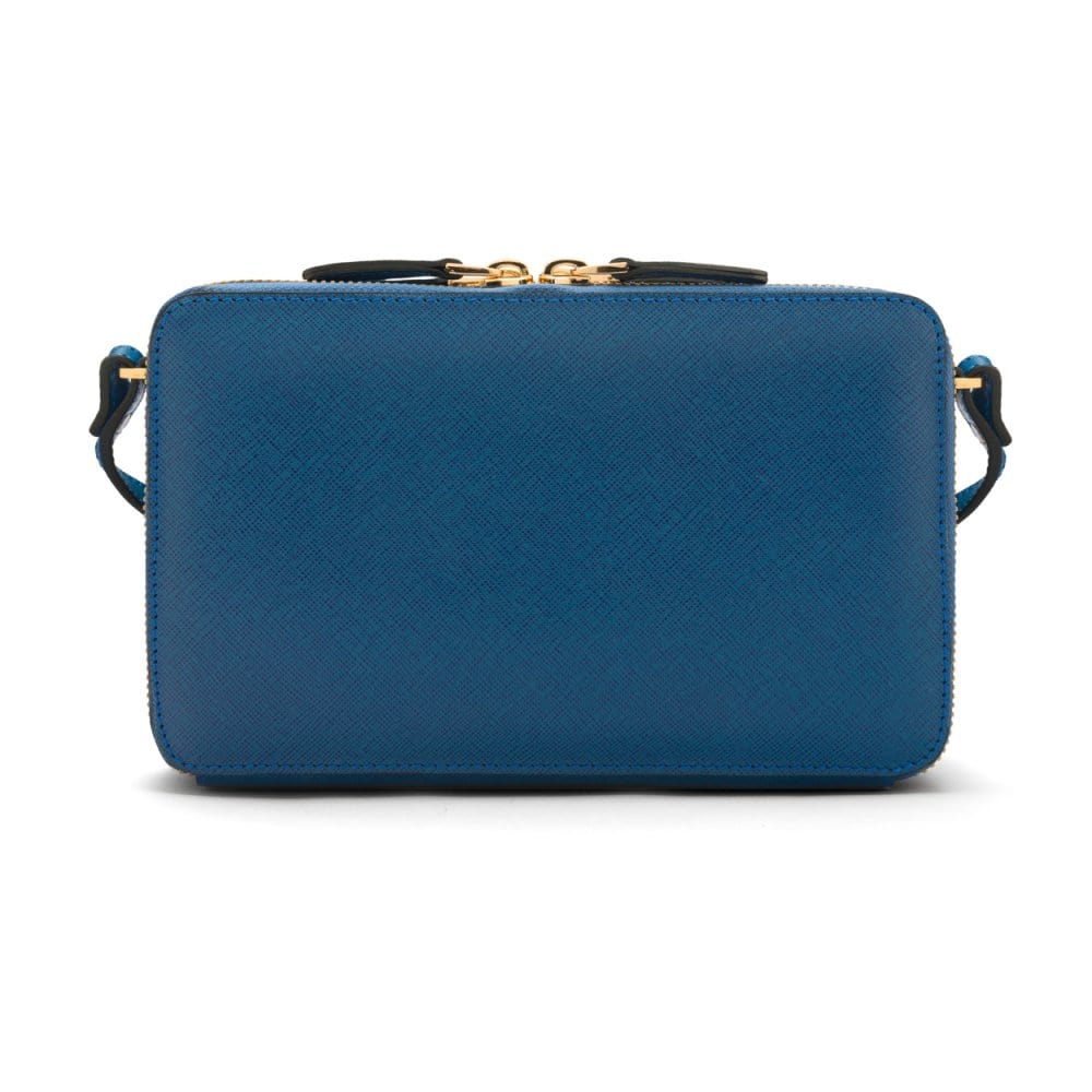 Compact crossbody bag, cobalt saffiano, back