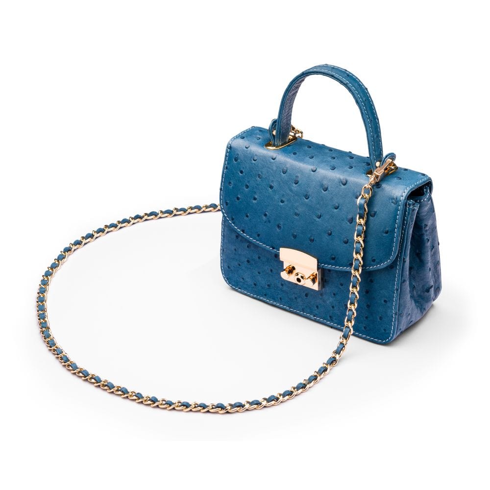 Ostrich leather Betty bag with top handle, cobalt ostrich, side