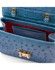 Ostrich leather Betty bag with top handle, cobalt ostrich, inside