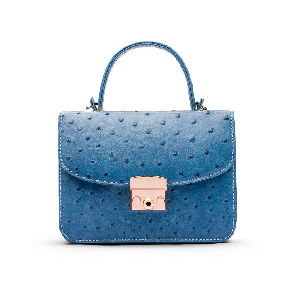 Ostrich leather Betty bag with top handle, cobalt ostrich, front
