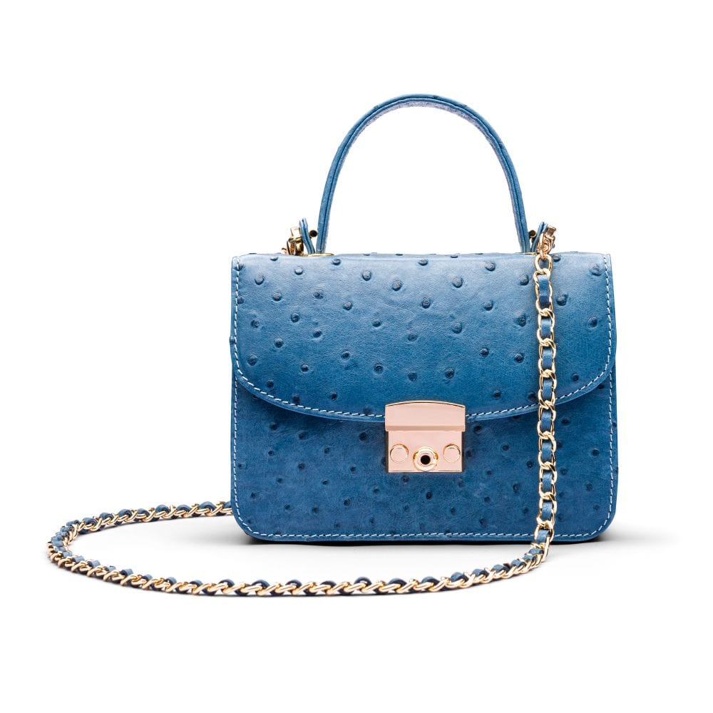 Ostrich leather Betty bag with top handle, cobalt ostrich, with chain strap