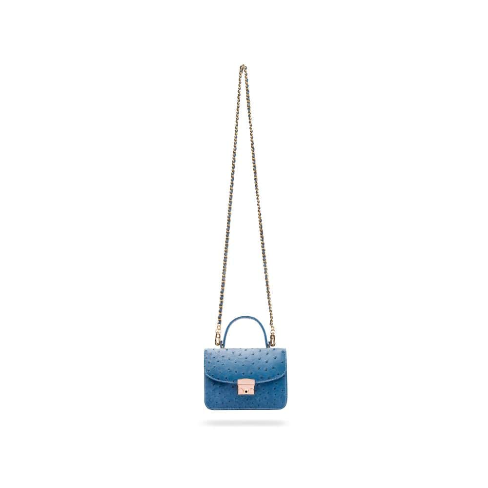 Ostrich leather Betty bag with top handle, cobalt ostrich, with long strap