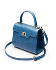 Mini ostrich leather Morgan Bag, top handle bag, cobalt, side view