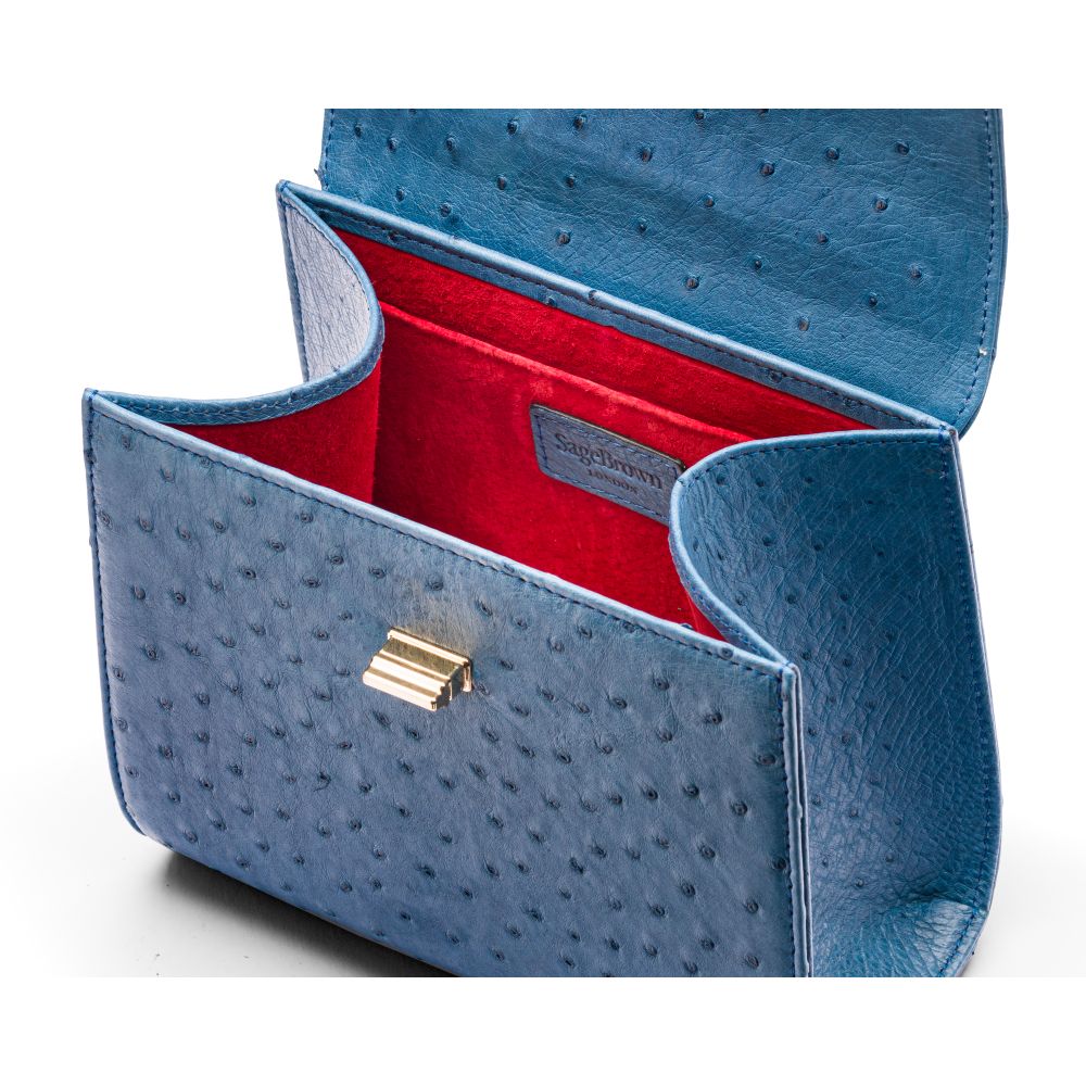 Mini ostrich leather Morgan Bag, top handle bag, cobalt, inside