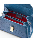 Ostrich leather top handle bag, cobalt, inside