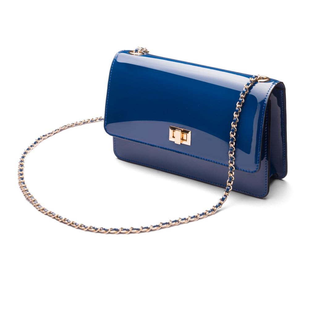 Leather chain bag, cobalt patent, side view