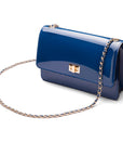 Leather chain bag, cobalt patent, side view