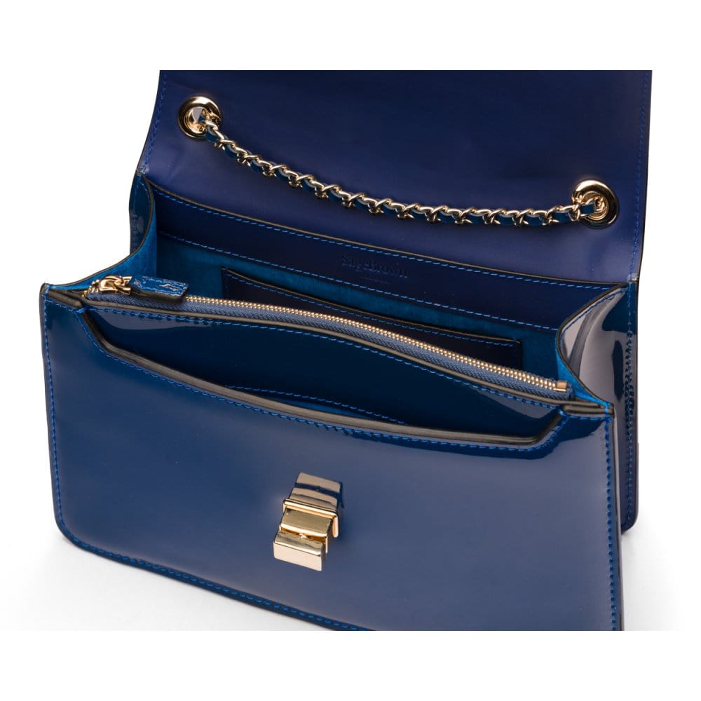 Leather chain bag, cobalt patent, inside view