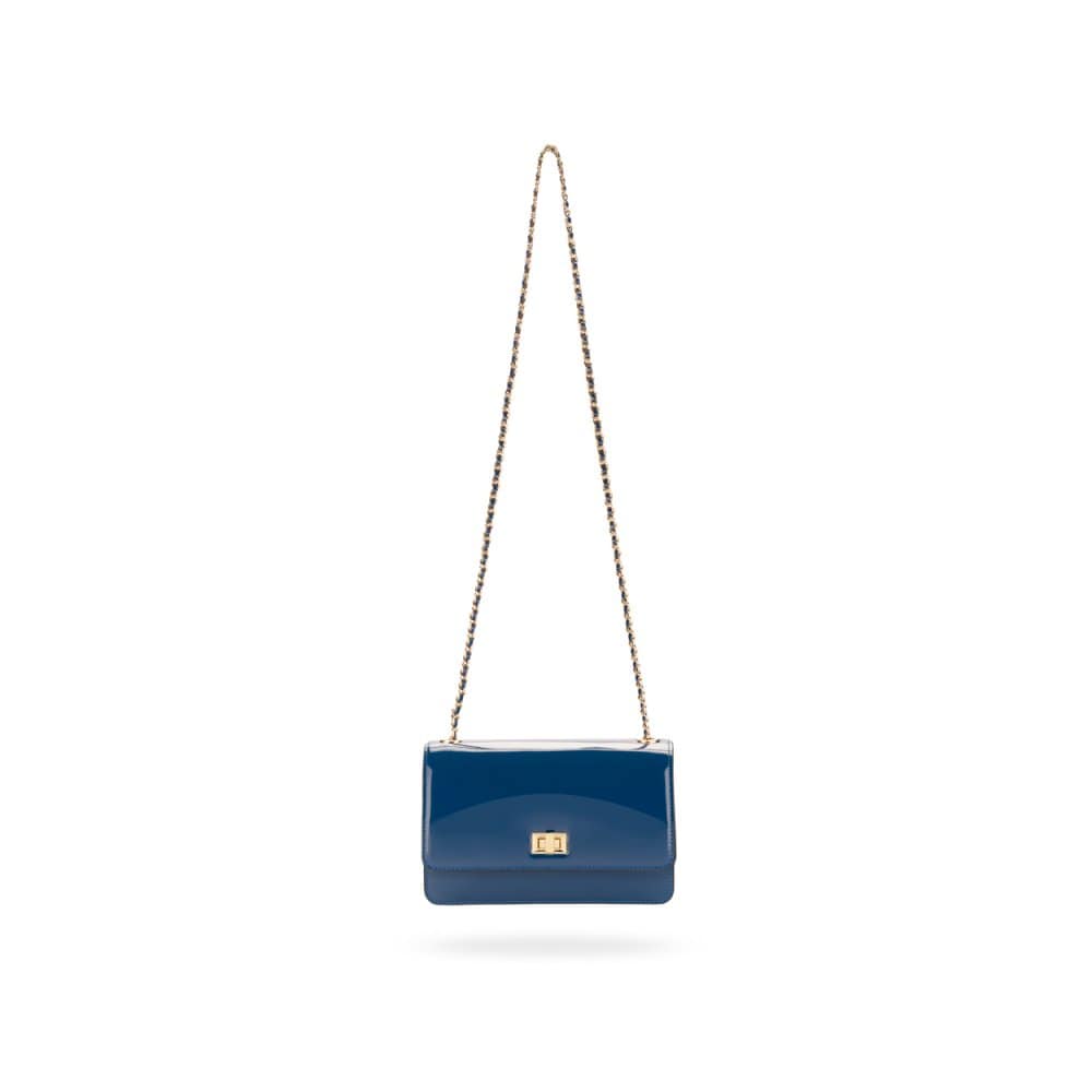 Leather chain bag, cobalt patent, chain strap