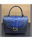 Small real python top handle bag, cobalt, front