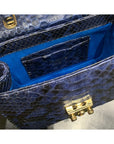 Small real python top handle bag, cobalt, inside