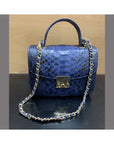 Small real python top handle bag, cobalt, with chain strap