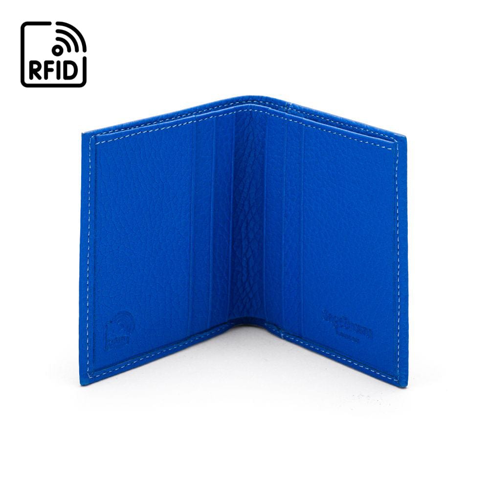 RFID leather wallet with 4 CC, cobalt, open