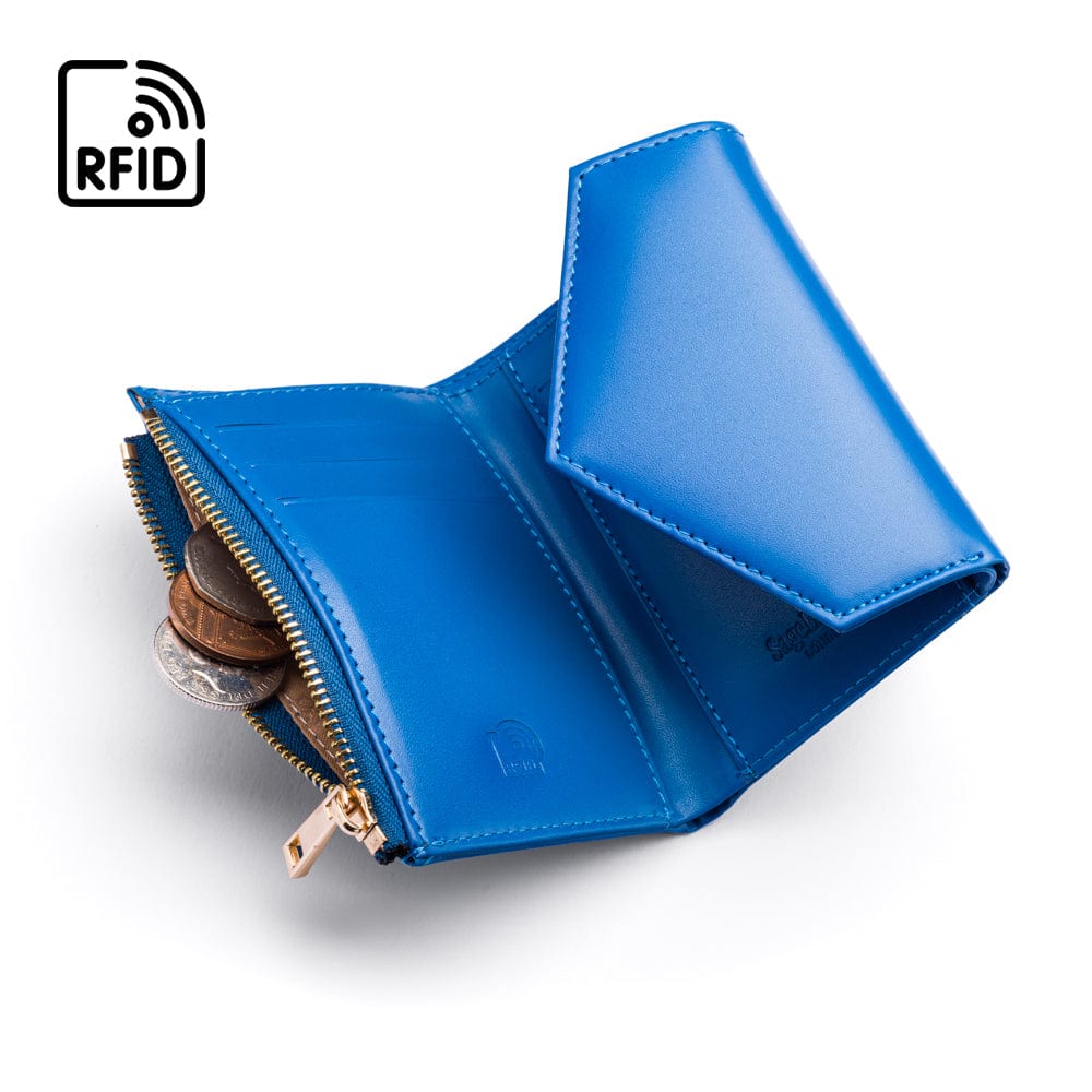 RFID blocking leather envelope purse, cobalt, open view
