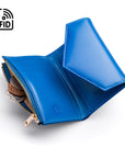 RFID blocking leather envelope purse, cobalt, open view