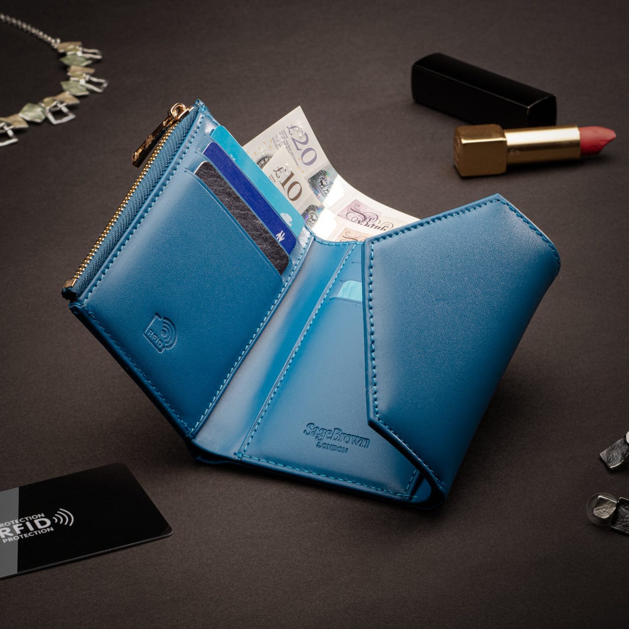 RFID blocking leather envelope purse, cobalt, lifestyle