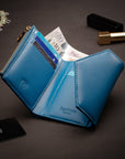 RFID blocking leather envelope purse, cobalt, lifestyle