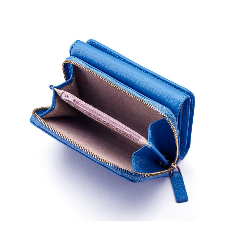 RFID blocking leather tri-fold purse, cobalt, open