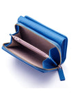 RFID blocking leather tri-fold purse, cobalt, open