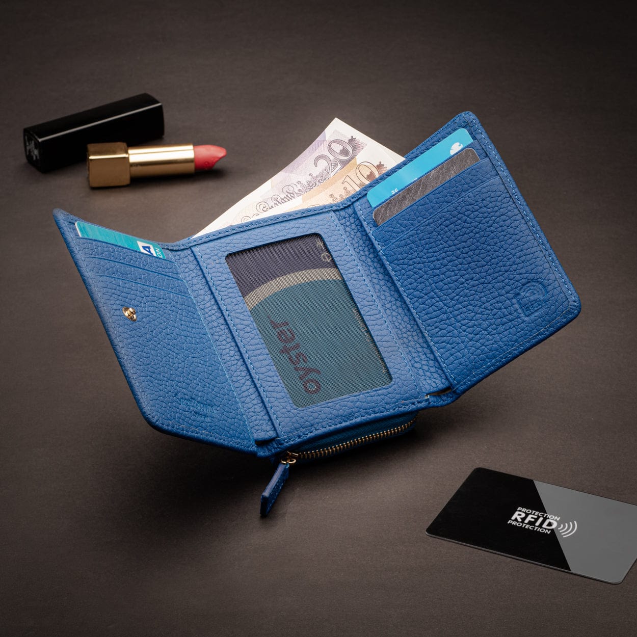 RFID blocking leather tri-fold purse, cobalt, lifestyle